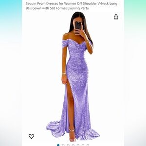 Sequin Prom Dresses for Women Off Shoulder V-Neck Long Ball Gown with Slit